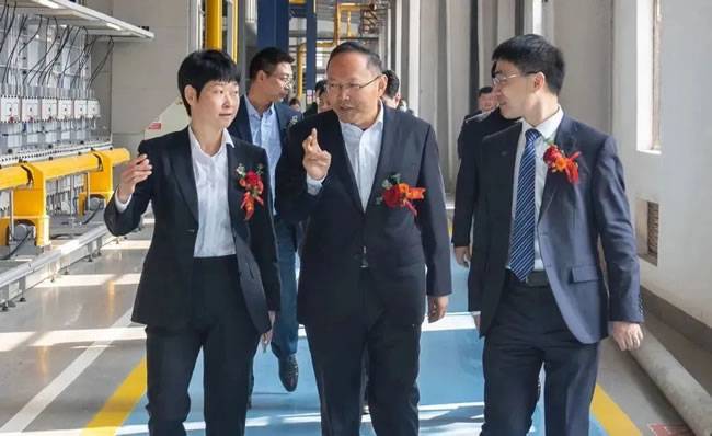 庐江县县委书记许华为(中间)参观国轩科宏产线，庐江县高新区党工委书记、管委会主任汪守苗(左)、国轩高科中国业务板块总裁王启岁(右)陪同